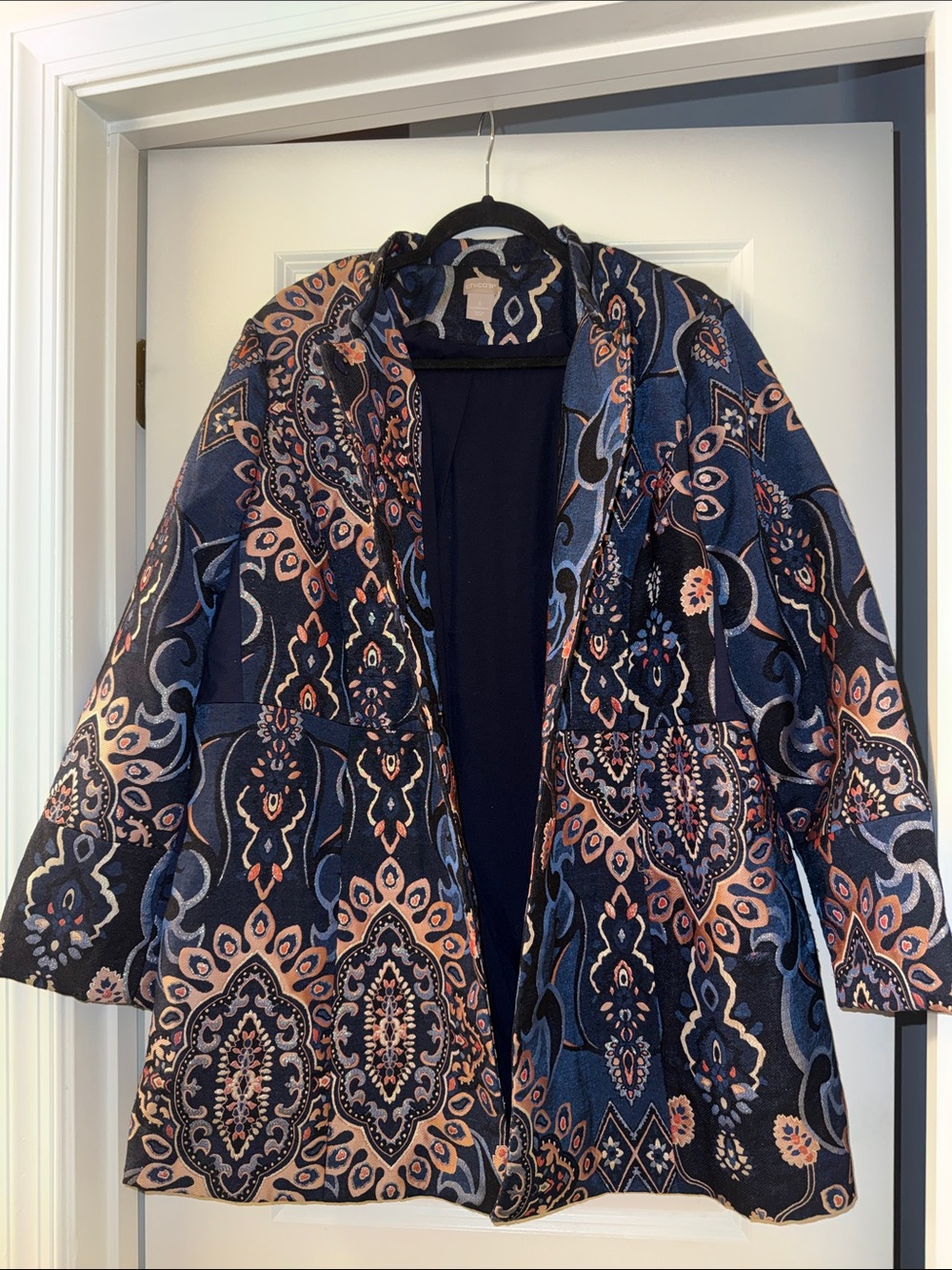 Chico's Navy Jacket with Peach and Light Blue Paisley